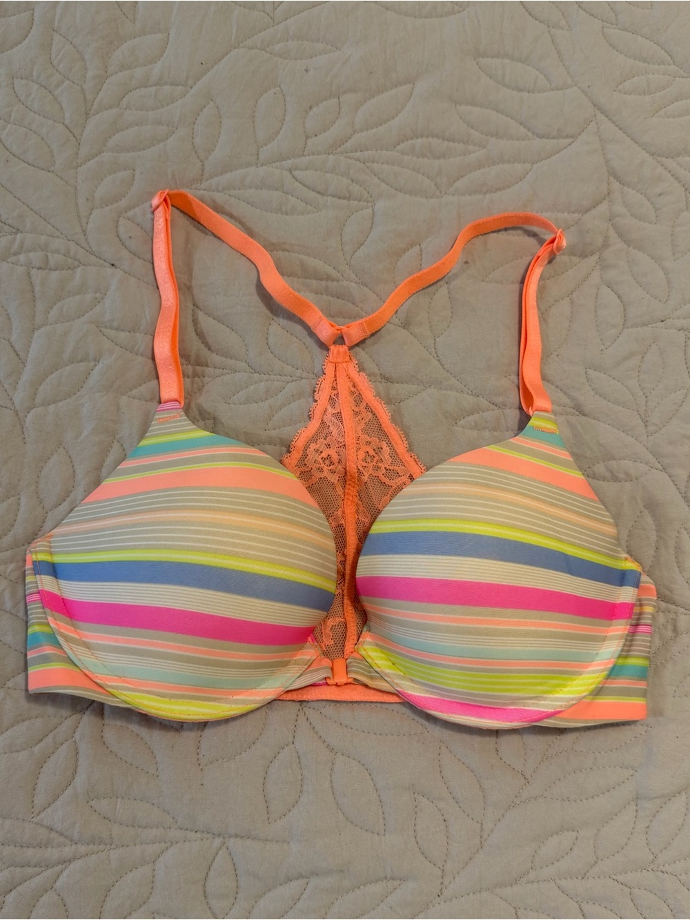 Victoria's Secret Multicolor Striped T-Shirt Bra with Neon Coral Lace